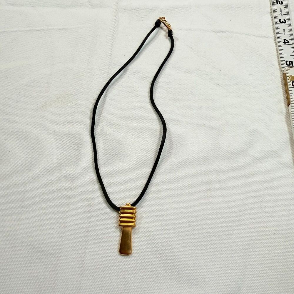 Vintage CHMR Modernist Gold Tone Key Pendant Black Cord Statement Necklace 18"